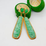 18ct Yellow Gold Carved Apple-Green Jade Drop Earrings Vintage c1970