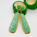 18ct Yellow Gold Carved Apple-Green Jade Drop Earrings Vintage c1970