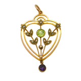 Edwardian 9ct Gold, Peridot, Amethyst, Pearl Suffragette Lavalier Pendant c1910