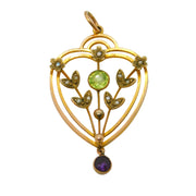 Edwardian 9ct Gold, Peridot, Amethyst, Pearl Suffragette Lavalier Pendant c1910