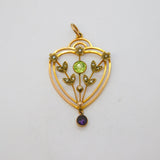 Edwardian 9ct Gold, Peridot, Amethyst, Pearl Suffragette Lavalier Pendant c1910