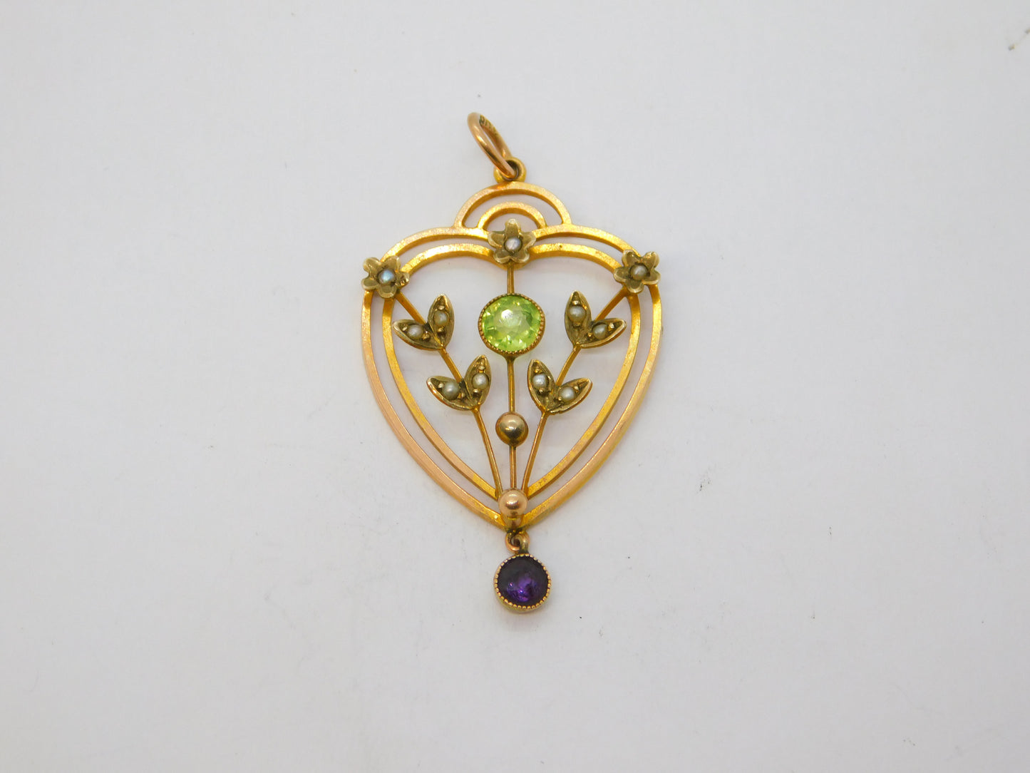 Edwardian 9ct Gold, Peridot, Amethyst, Pearl Suffragette Lavalier Pendant c1910