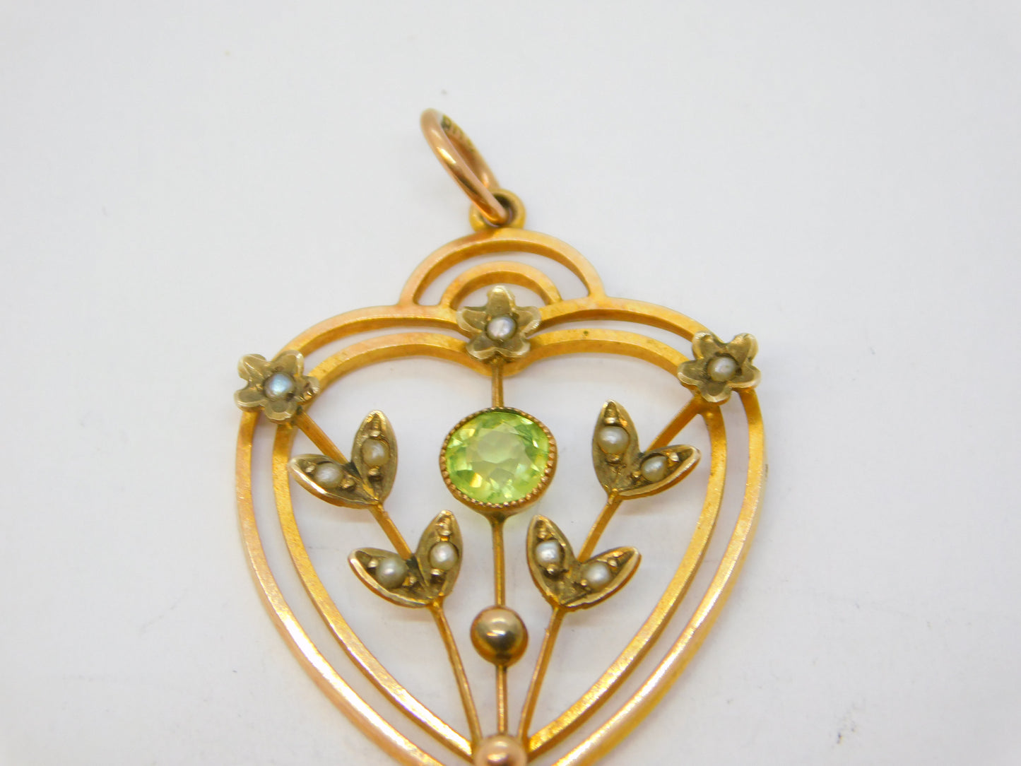 Edwardian 9ct Gold, Peridot, Amethyst, Pearl Suffragette Lavalier Pendant c1910