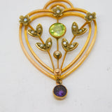 Edwardian 9ct Gold, Peridot, Amethyst, Pearl Suffragette Lavalier Pendant c1910