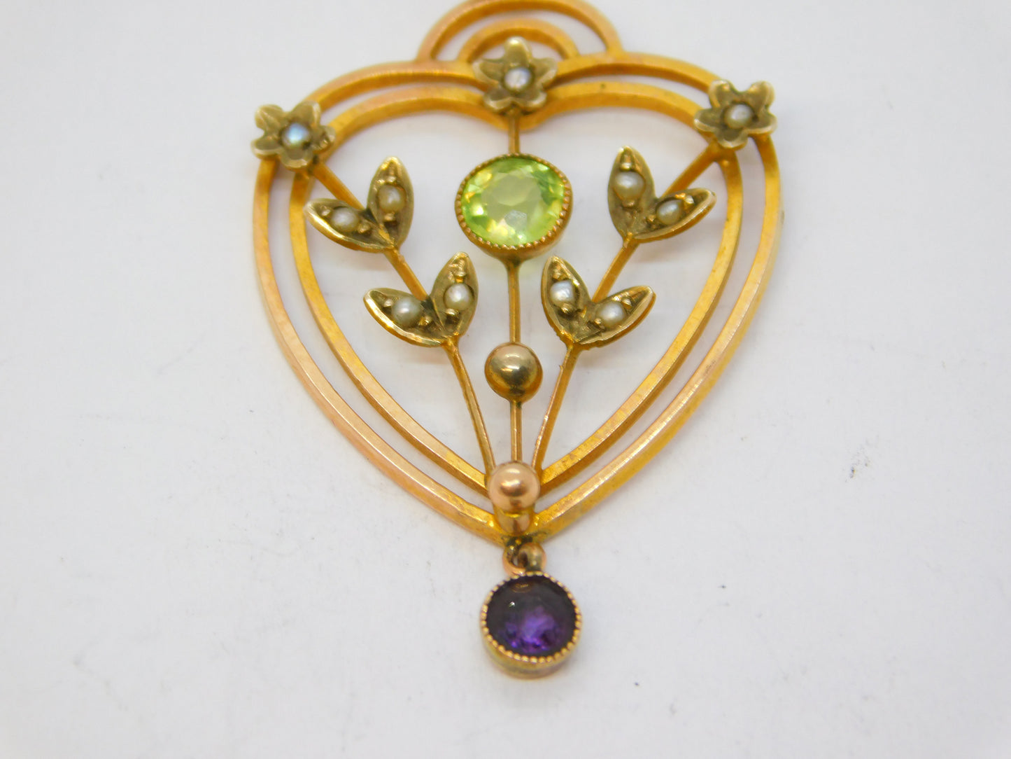 Edwardian 9ct Gold, Peridot, Amethyst, Pearl Suffragette Lavalier Pendant c1910