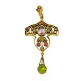 9ct Yellow Gold, Amethyst, Peridot & Seed Pearl Suffragette Pendant Vintage