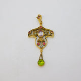 9ct Yellow Gold, Amethyst, Peridot & Seed Pearl Suffragette Pendant Vintage
