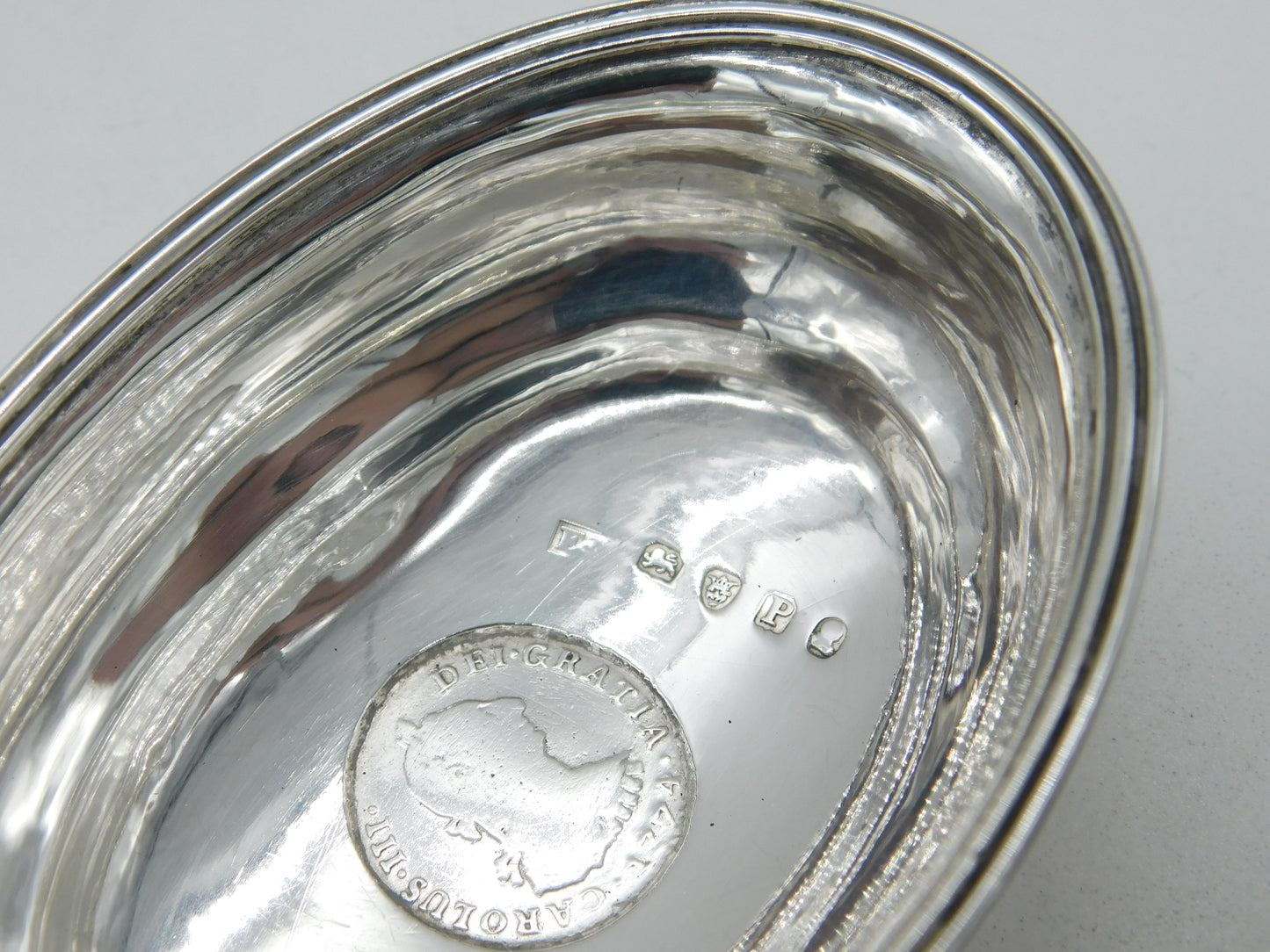 Georgian Sterling Silver Spanish Coin Set Pap Boat Antique 1790 London