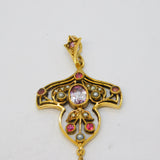 9ct Yellow Gold, Amethyst, Peridot & Seed Pearl Suffragette Pendant Vintage