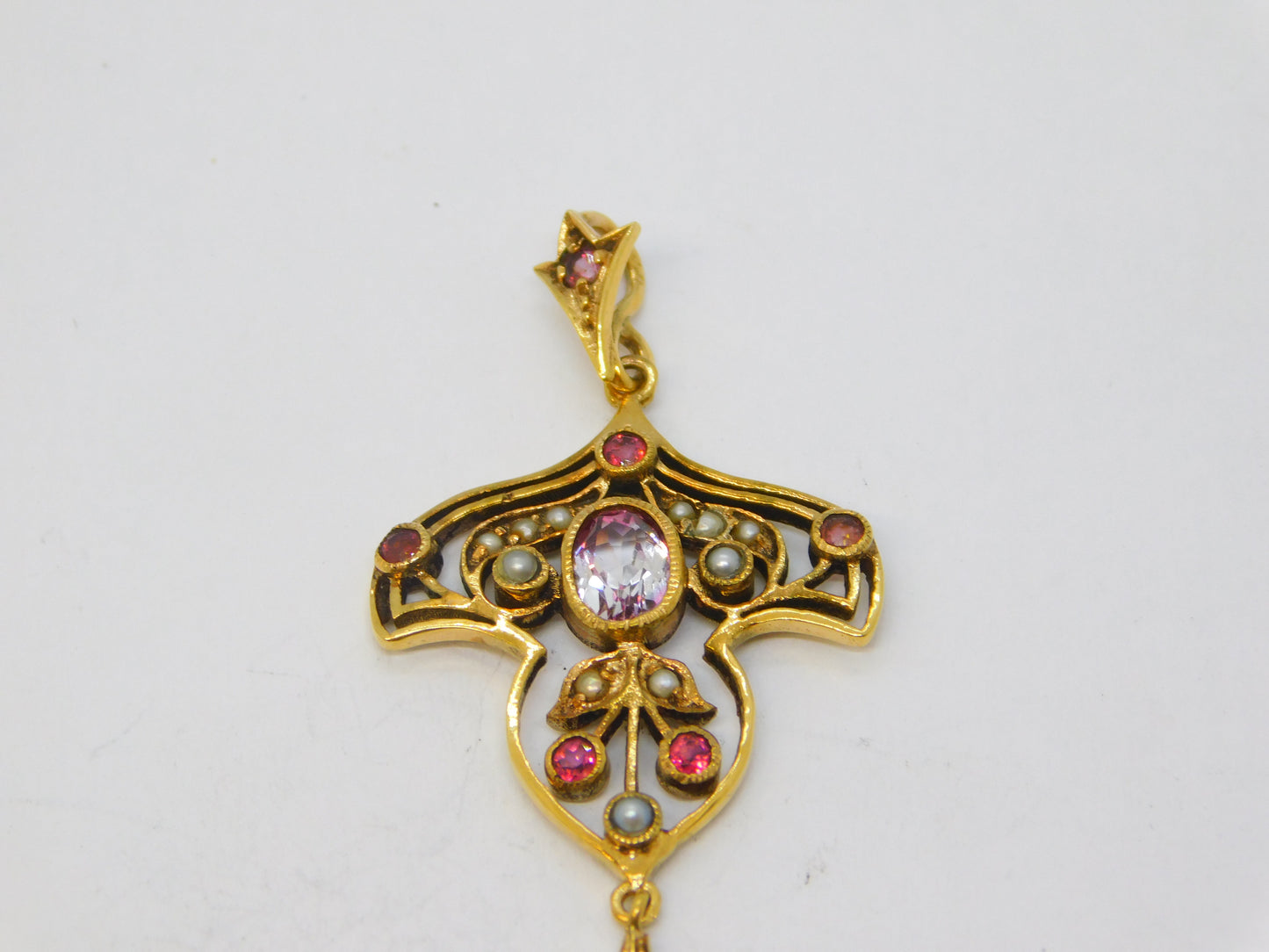 9ct Yellow Gold, Amethyst, Peridot & Seed Pearl Suffragette Pendant Vintage