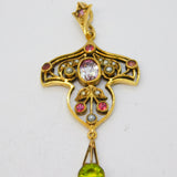 9ct Yellow Gold, Amethyst, Peridot & Seed Pearl Suffragette Pendant Vintage