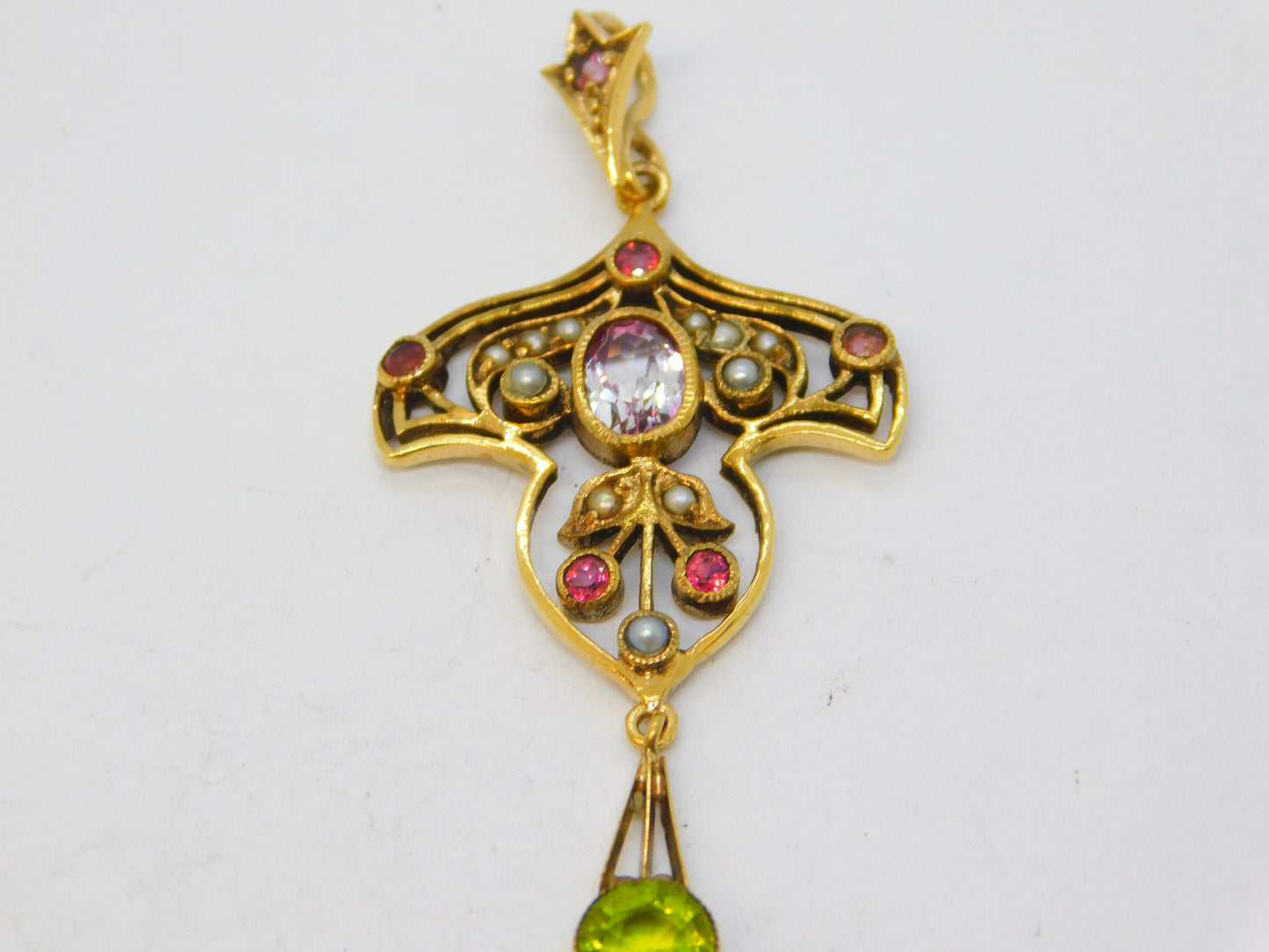 9ct Yellow Gold, Amethyst, Peridot & Seed Pearl Suffragette Pendant Vintage