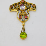 9ct Yellow Gold, Amethyst, Peridot & Seed Pearl Suffragette Pendant Vintage