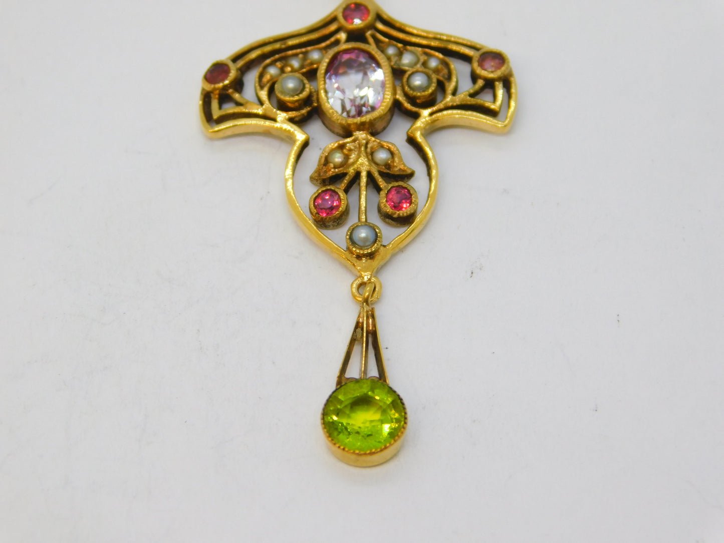 9ct Yellow Gold, Amethyst, Peridot & Seed Pearl Suffragette Pendant Vintage