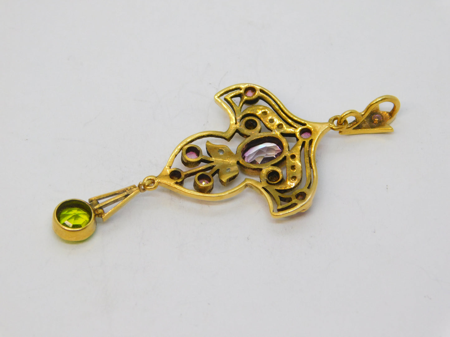9ct Yellow Gold, Amethyst, Peridot & Seed Pearl Suffragette Pendant Vintage
