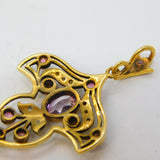 9ct Yellow Gold, Amethyst, Peridot & Seed Pearl Suffragette Pendant Vintage