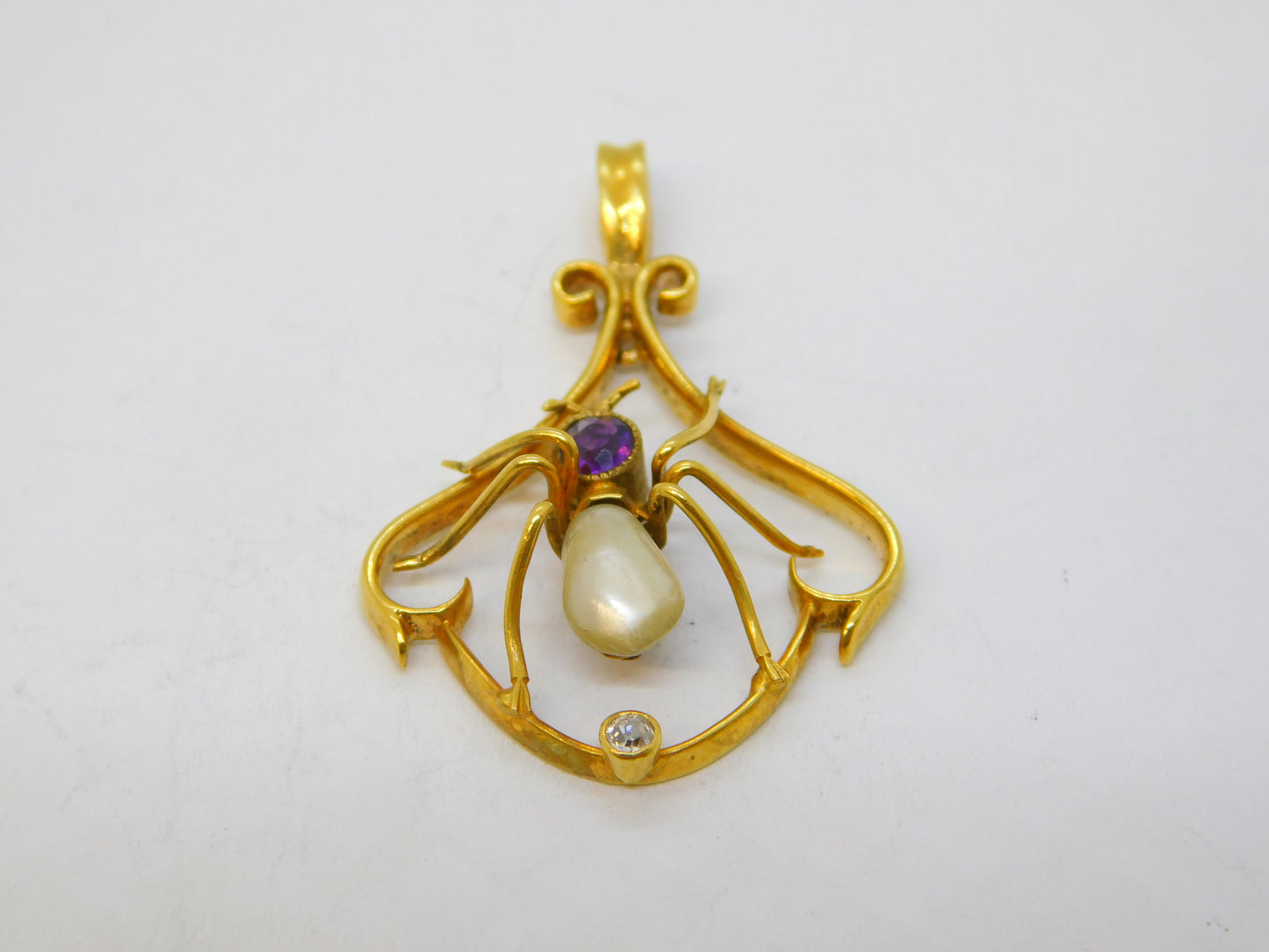 Edwardian 9ct Gold, Amethyst, Pearl & Diamond Spider Pendant Antique c1910