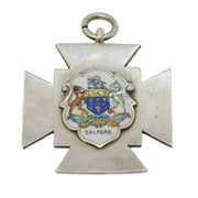 Edwardian Sterling Silver & Enamel Salford Crest Fob Medal Antique 1909 Birmingham