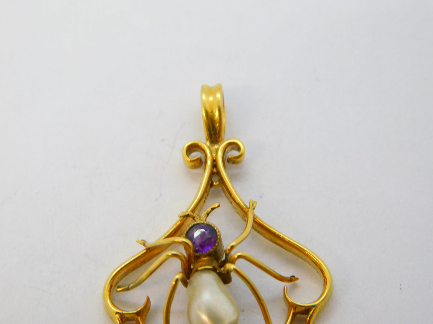 Edwardian 9ct Gold, Amethyst, Pearl & Diamond Spider Pendant Antique c1910