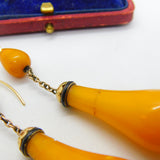 Victorian 14ct Gold, Black Enamel & Large Egg Yolk Amber Drop Earrings c1850