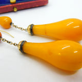 Victorian 14ct Gold, Black Enamel & Large Egg Yolk Amber Drop Earrings c1850