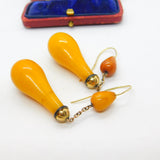 Victorian 14ct Gold, Black Enamel & Large Egg Yolk Amber Drop Earrings c1850