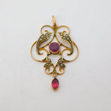 Edwardian 9ct Gold, Almandine Garnet, Seed Pearl Lavalier Pendant Antique c1910