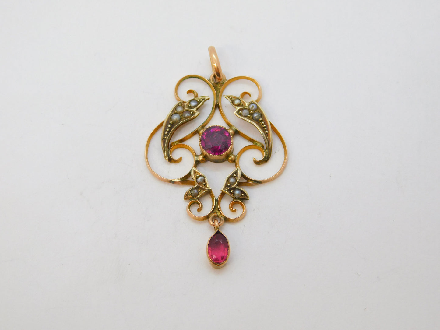 Edwardian 9ct Gold, Almandine Garnet, Seed Pearl Lavalier Pendant Antique c1910