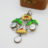 Sterling Silver, Mother of Pearl & Enamel Sunflower Pendant Antique c1920 Deco