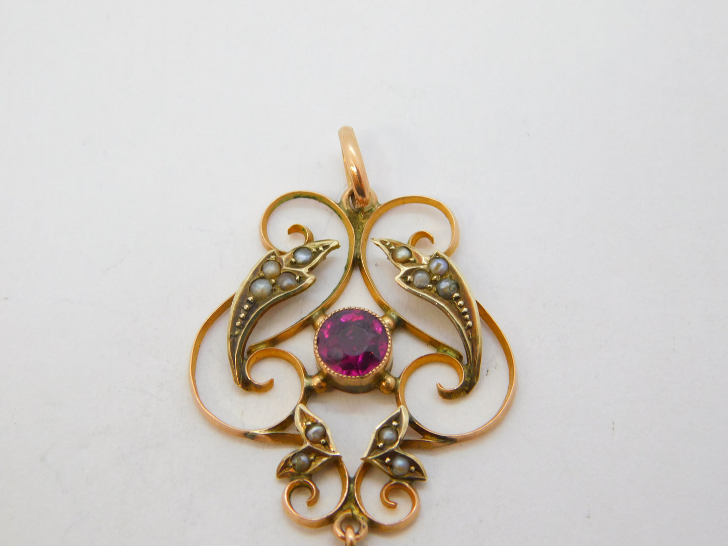 Edwardian 9ct Gold, Almandine Garnet, Seed Pearl Lavalier Pendant Antique c1910