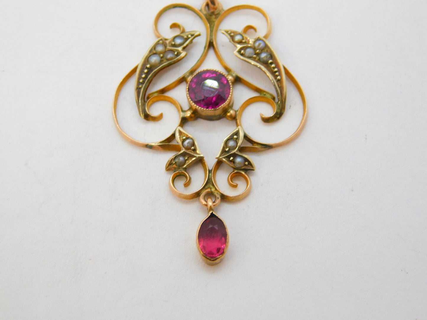 Edwardian 9ct Gold, Almandine Garnet, Seed Pearl Lavalier Pendant Antique c1910