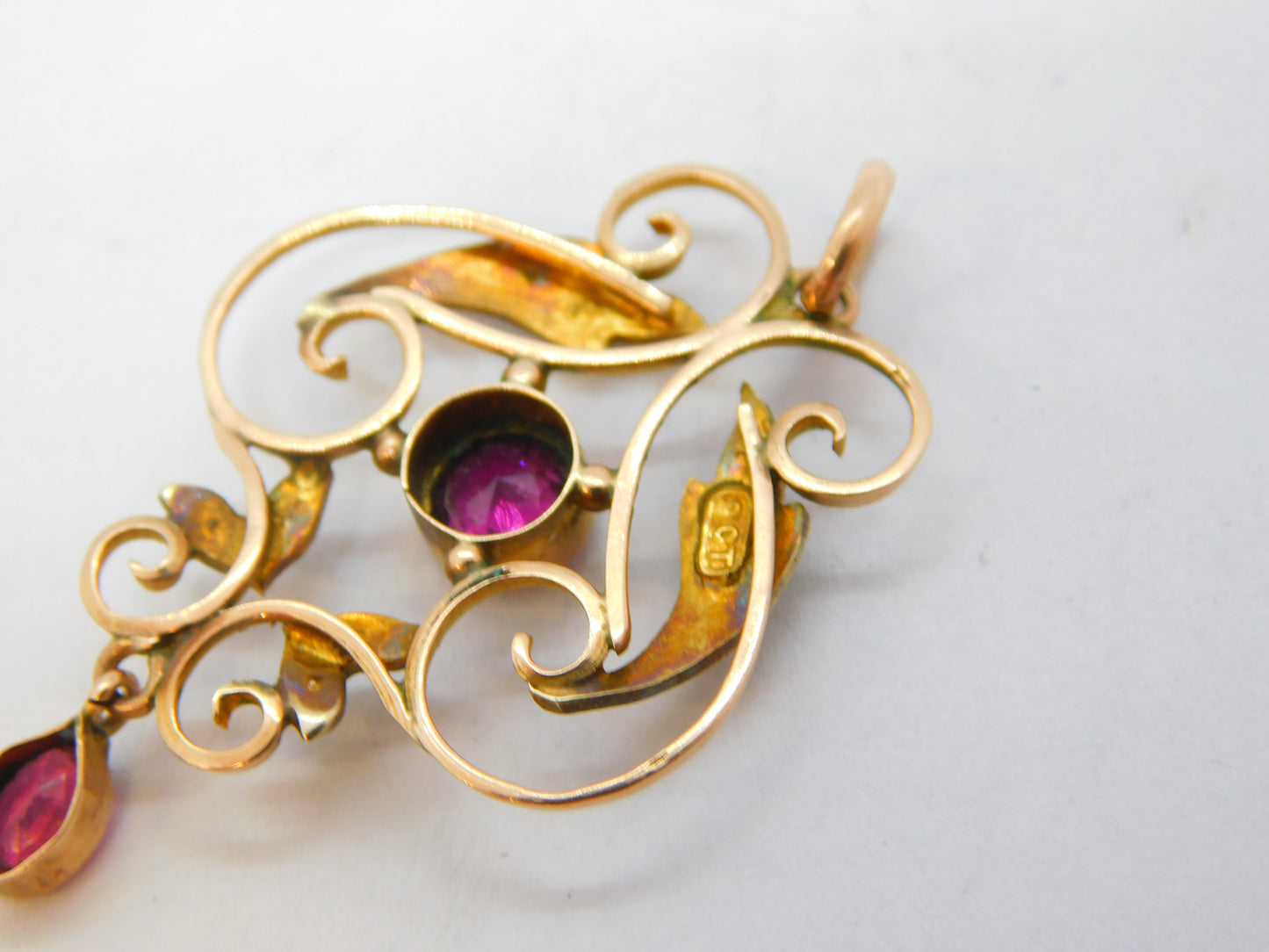 Edwardian 9ct Gold, Almandine Garnet, Seed Pearl Lavalier Pendant Antique c1910