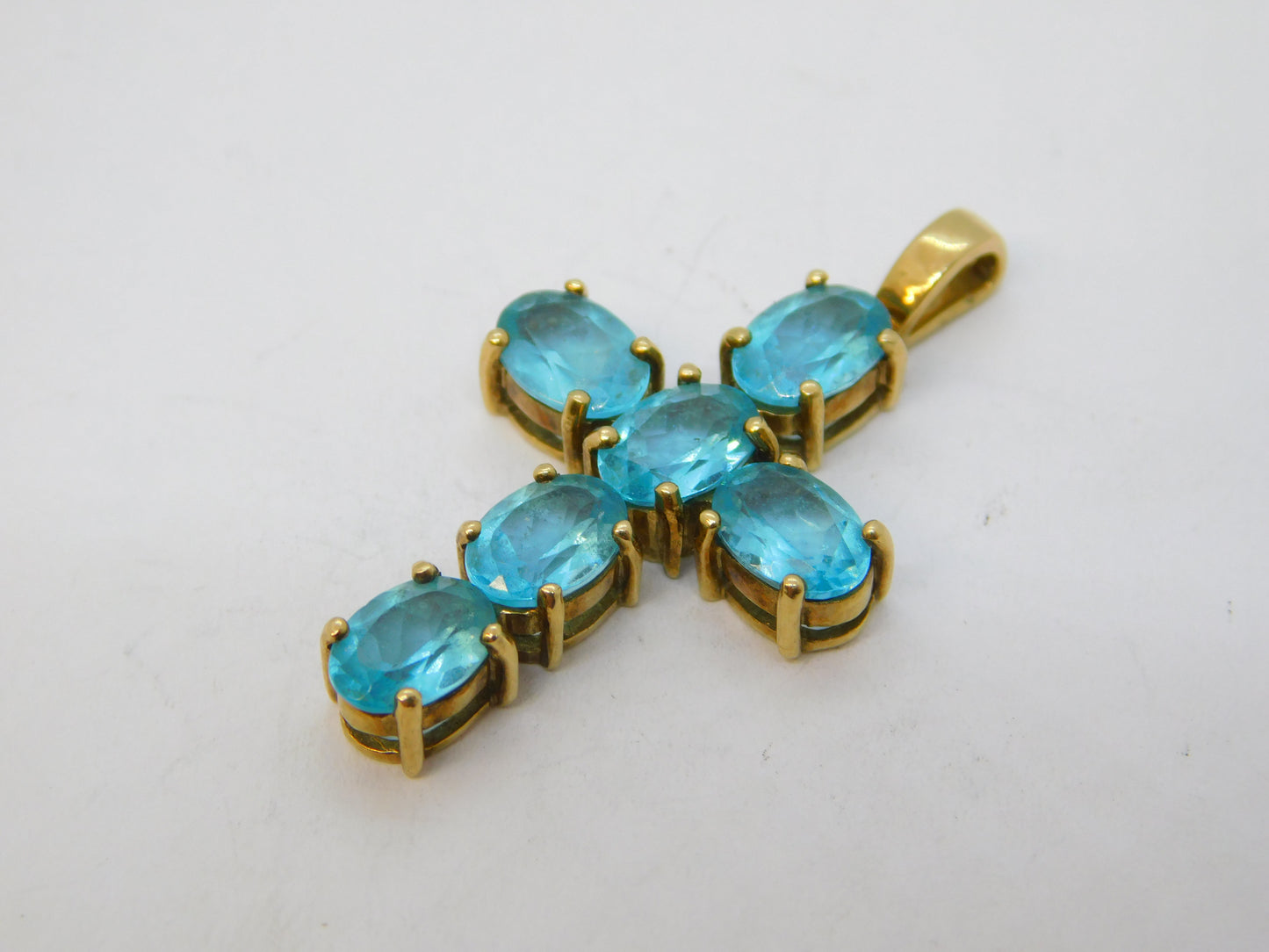 9ct Yellow Gold Blue Topaz Set Cross Pendant Vintage 2007 Birmingham