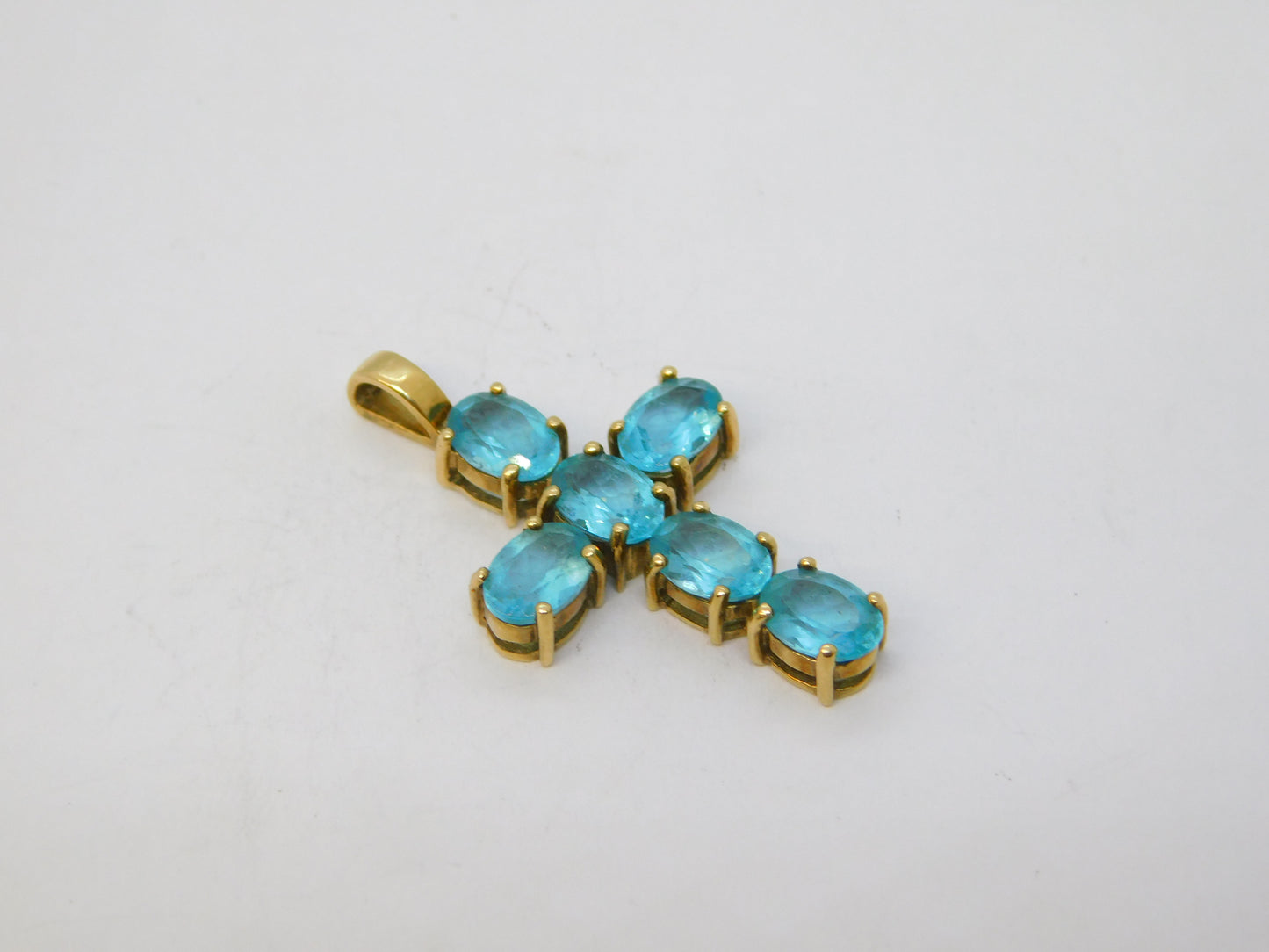 9ct Yellow Gold Blue Topaz Set Cross Pendant Vintage 2007 Birmingham