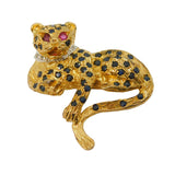 9ct Yellow Gold, Sapphire, Ruby, Diamond Panther Brooch Vintage 1988 Birmingham