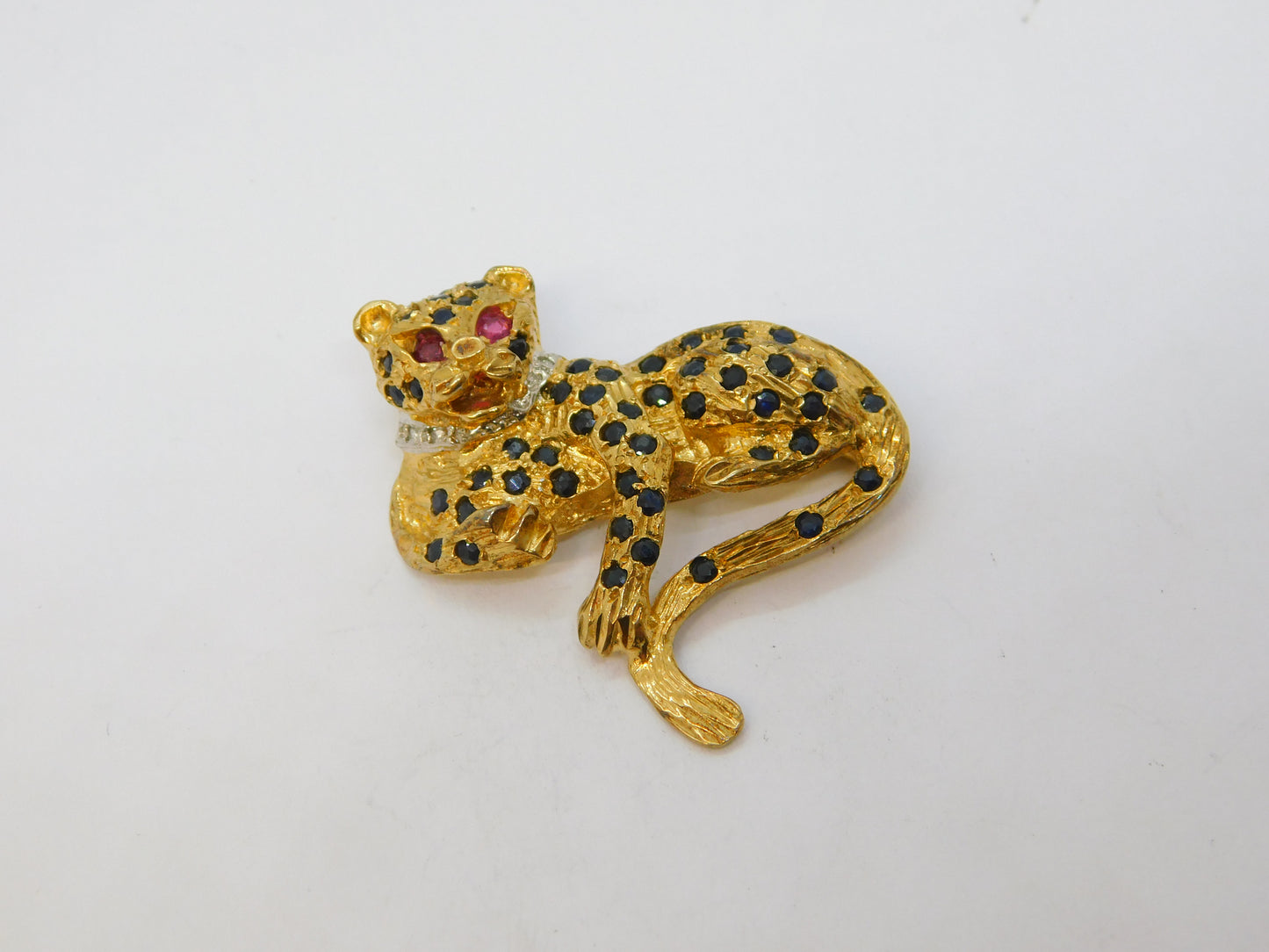 9ct Yellow Gold, Sapphire, Ruby, Diamond Panther Brooch Vintage 1988 Birmingham