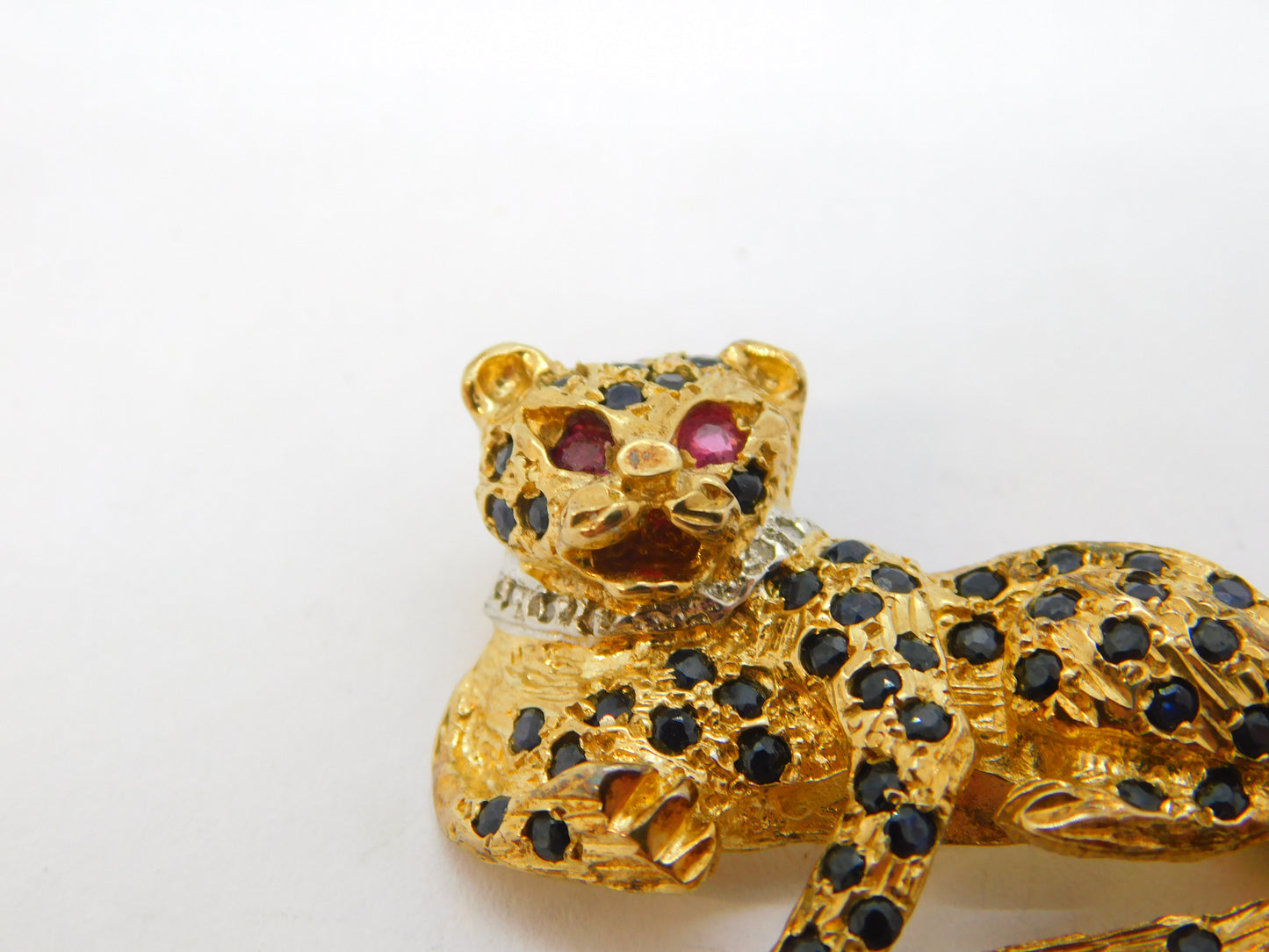 9ct Yellow Gold, Sapphire, Ruby, Diamond Panther Brooch Vintage 1988 Birmingham