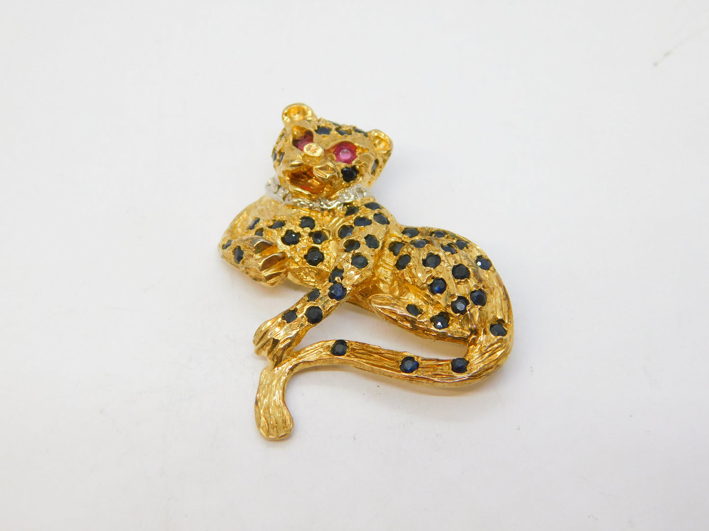 9ct Yellow Gold, Sapphire, Ruby, Diamond Panther Brooch Vintage 1988 Birmingham