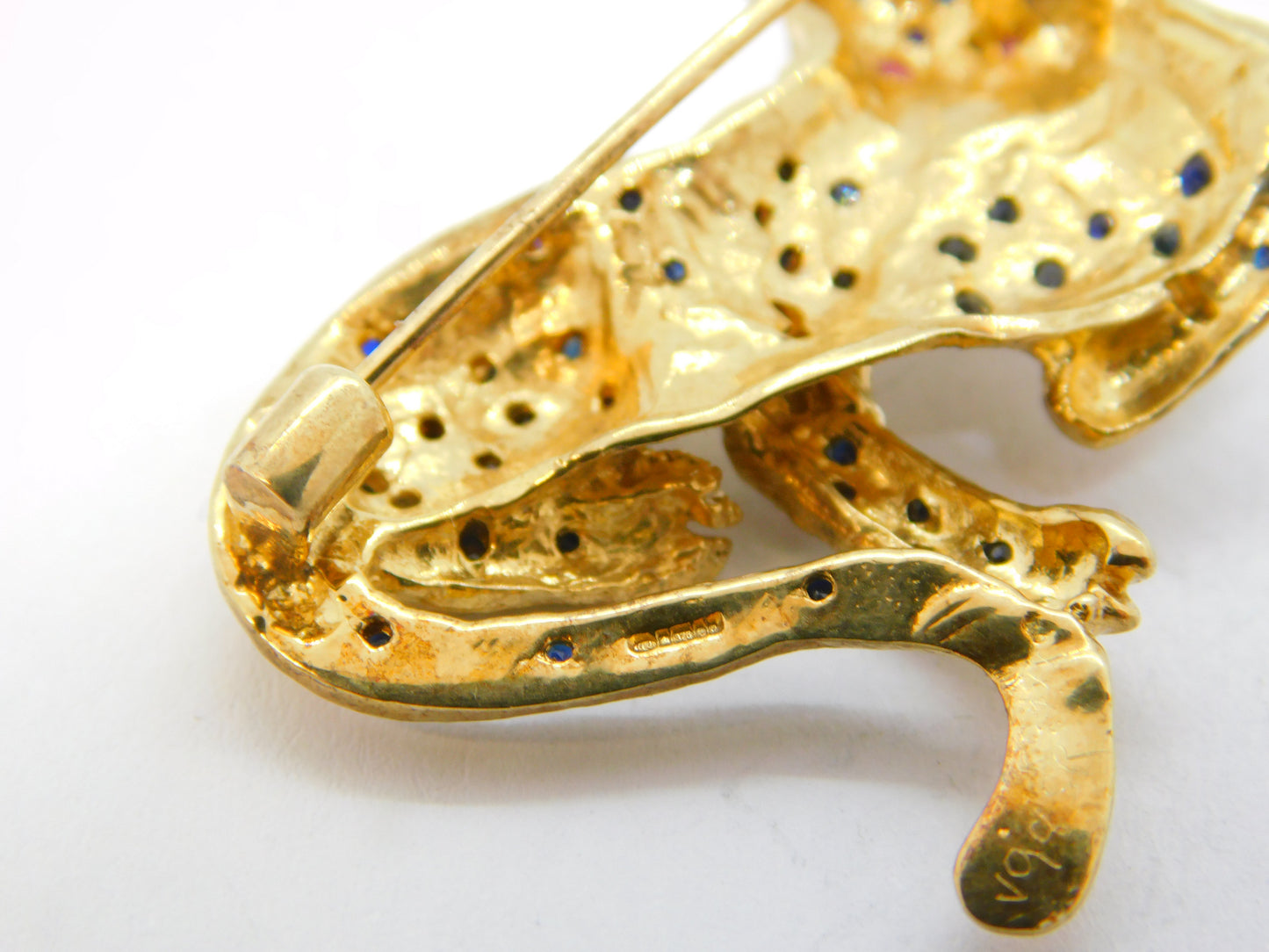 9ct Yellow Gold, Sapphire, Ruby, Diamond Panther Brooch Vintage 1988 Birmingham
