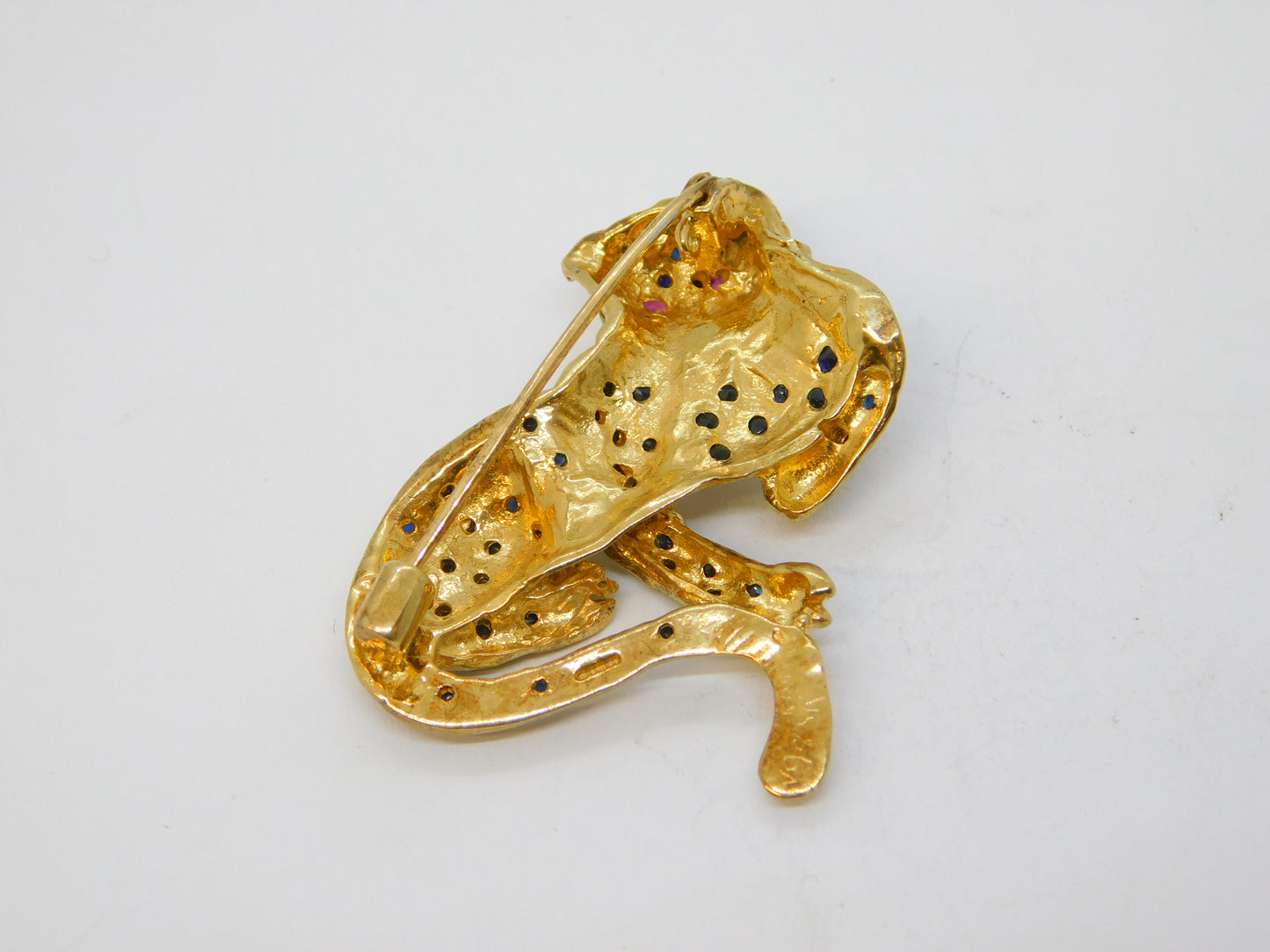 9ct Yellow Gold, Sapphire, Ruby, Diamond Panther Brooch Vintage 1988 Birmingham