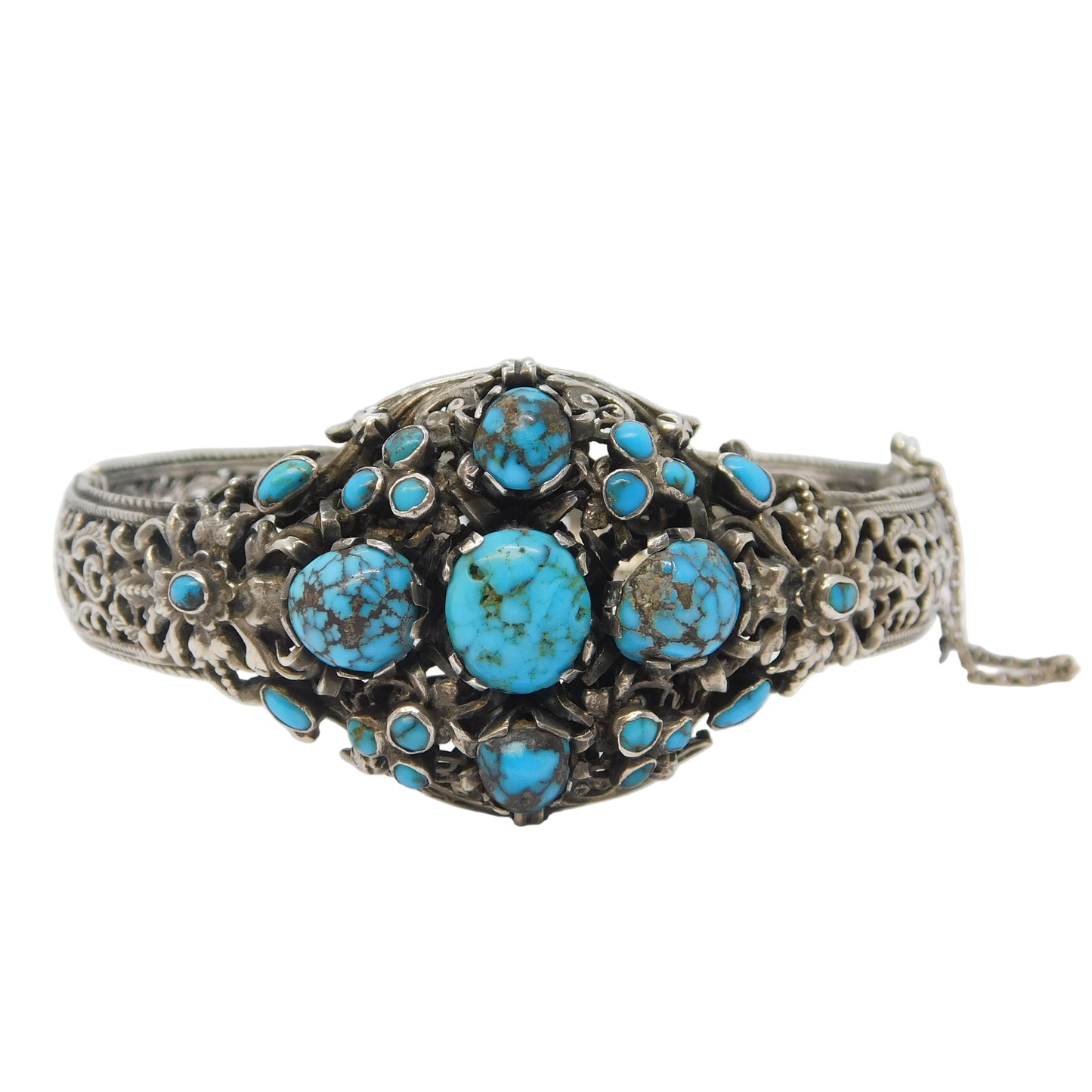 19th Century Austro-Hungarian .800 Silver, Turquoise Floral Bangle Antique c1880