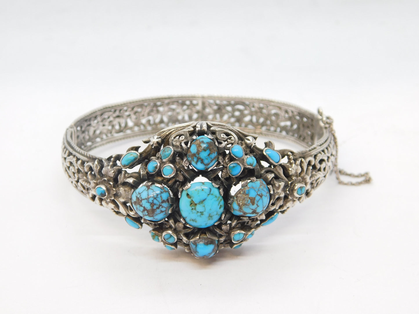 19th Century Austro-Hungarian .800 Silver, Turquoise Floral Bangle Antique c1880