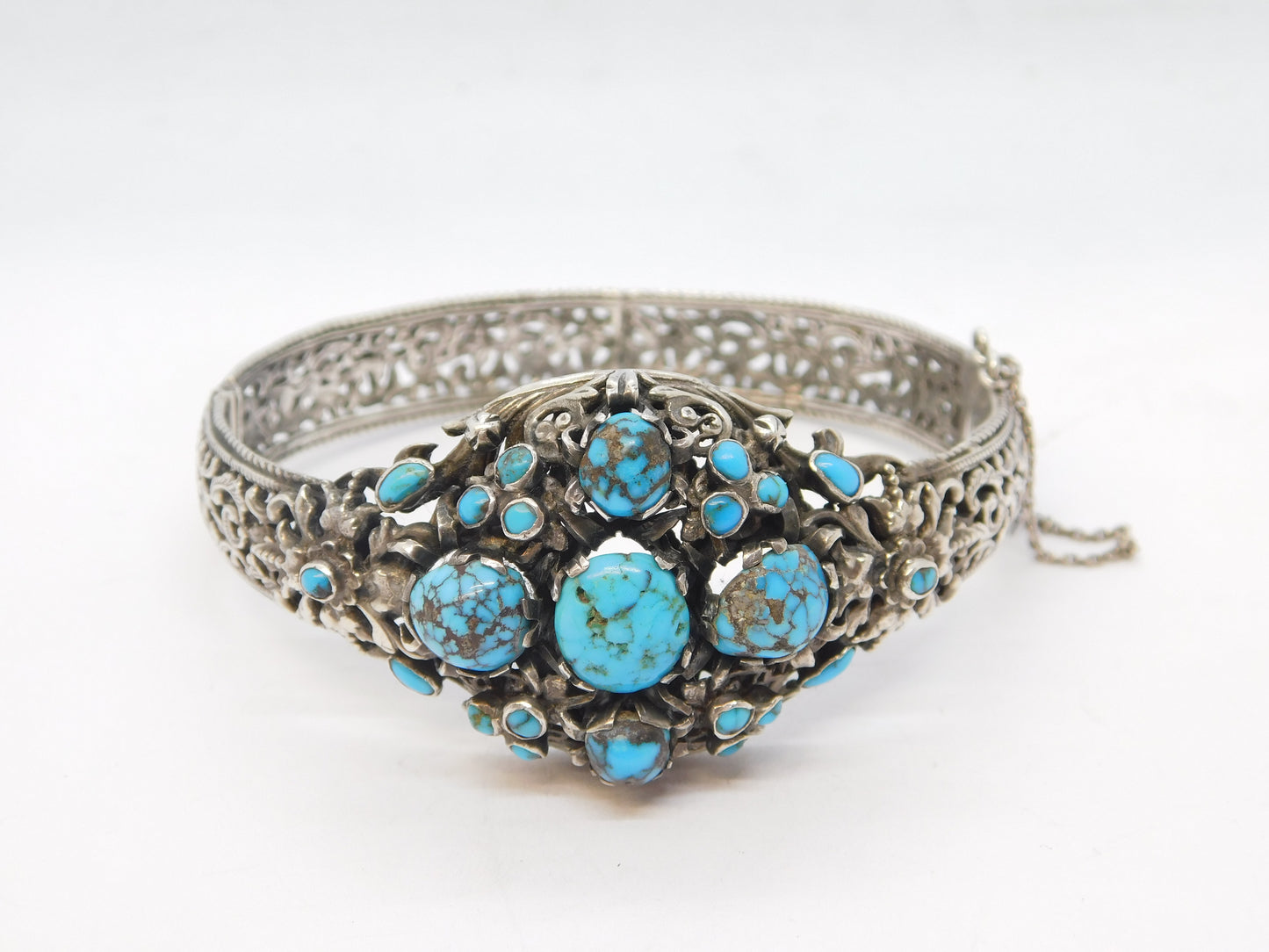 19th Century Austro-Hungarian .800 Silver, Turquoise Floral Bangle Antique c1880