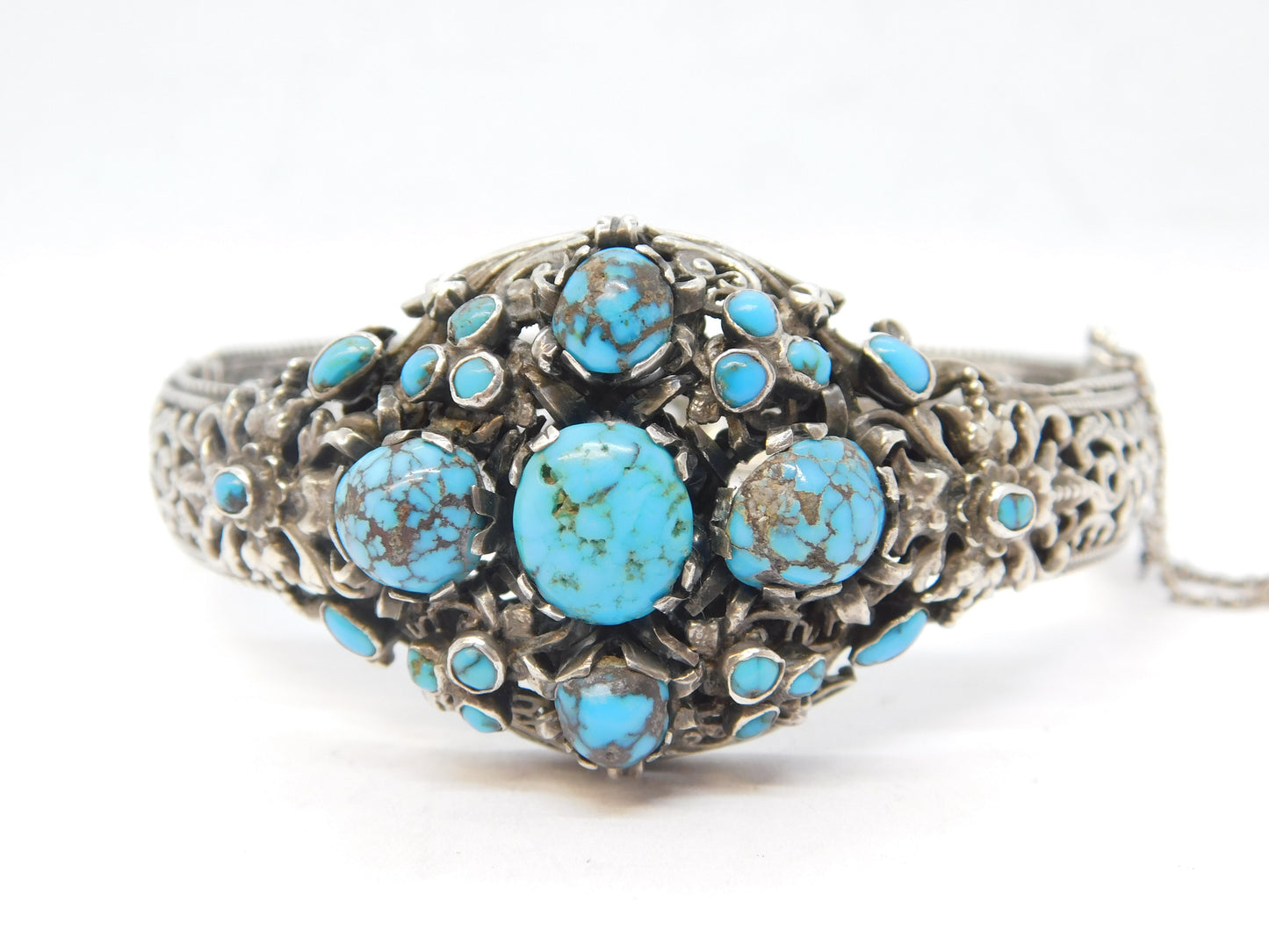 19th Century Austro-Hungarian .800 Silver, Turquoise Floral Bangle Antique c1880