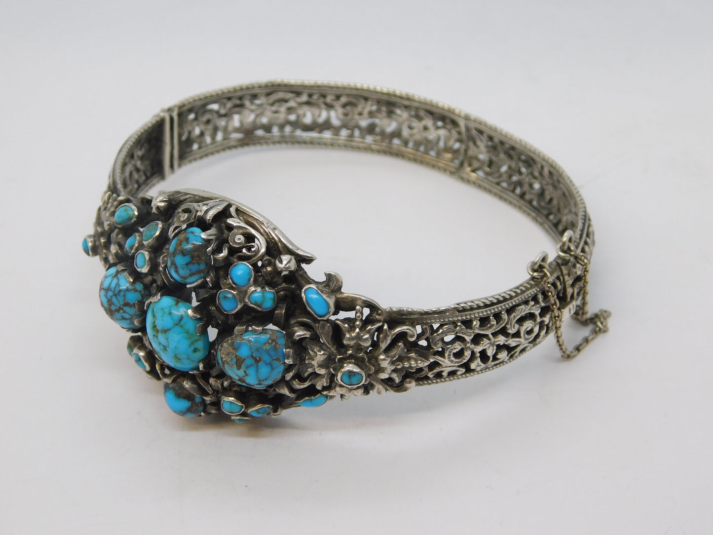 19th Century Austro-Hungarian .800 Silver, Turquoise Floral Bangle Antique c1880