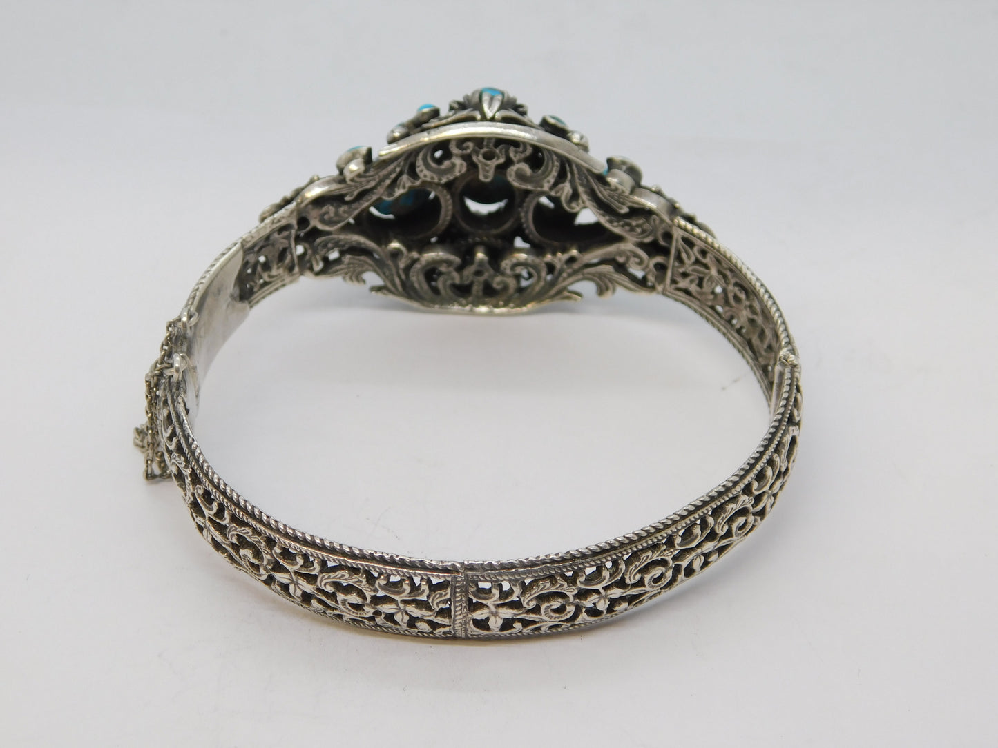 19th Century Austro-Hungarian .800 Silver, Turquoise Floral Bangle Antique c1880