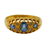Victorian 18ct Yellow Gold, Sapphire & Diamond Boat Ring Antique 1894 Birmingham