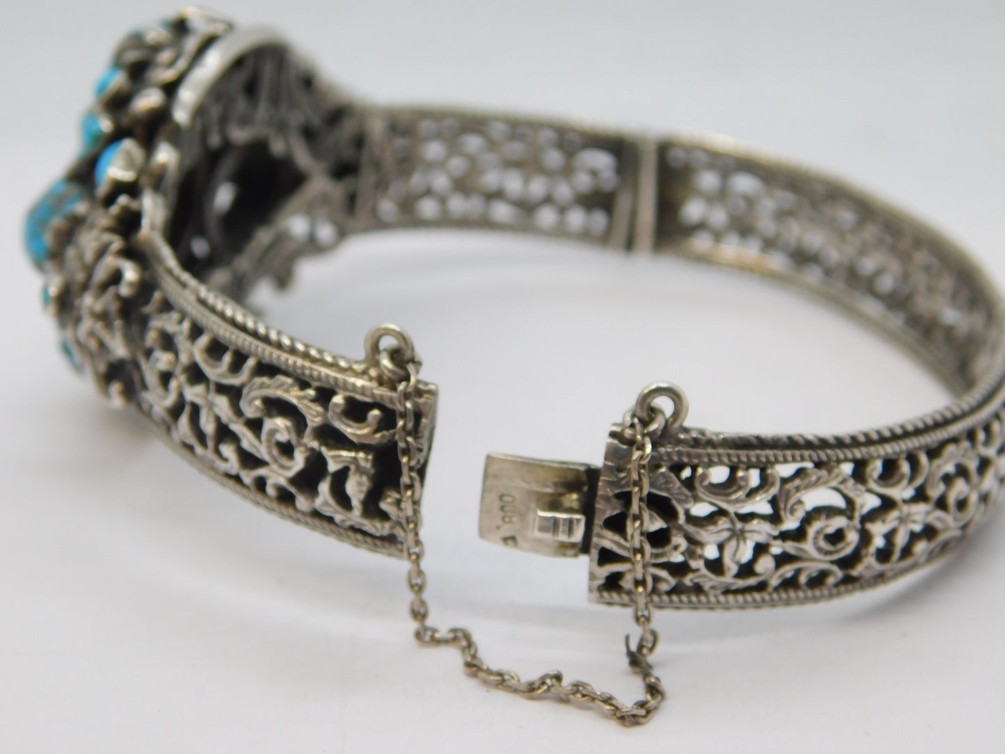 19th Century Austro-Hungarian .800 Silver, Turquoise Floral Bangle Antique c1880