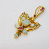 Art Nouveau 9ct Gold, Ruby & Cabochon Opal Lavalier Pendant Antique c1910