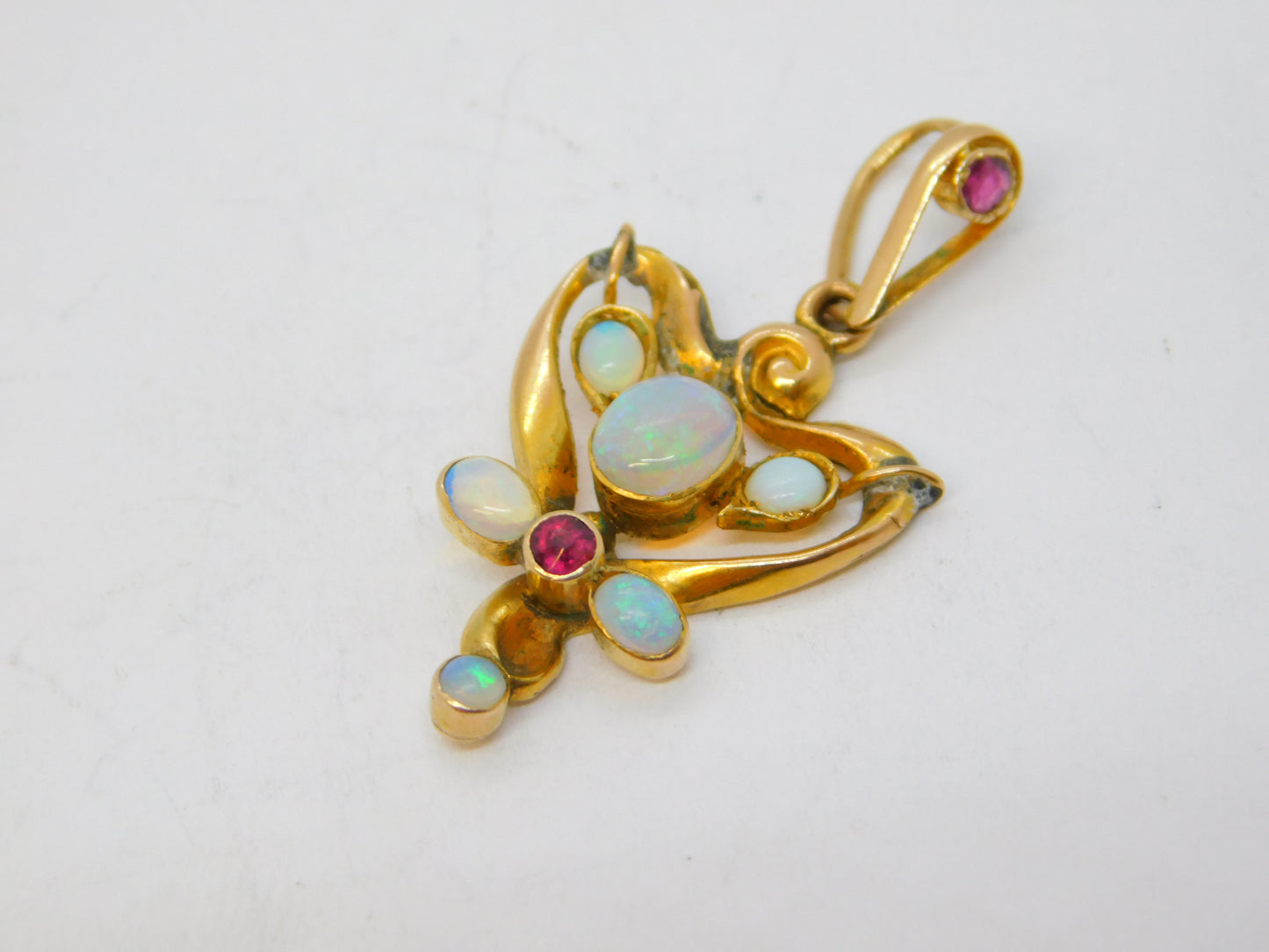 Art Nouveau 9ct Gold, Ruby & Cabochon Opal Lavalier Pendant Antique c1910
